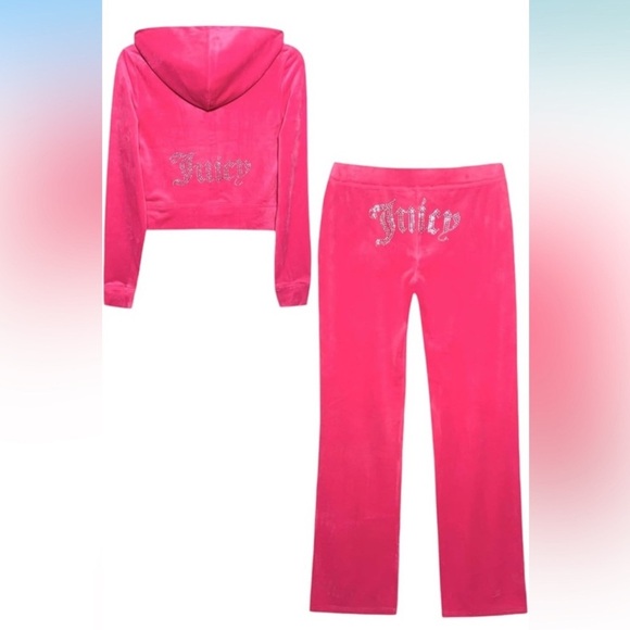 Y2K Juicy Couture Hot Pink Bling Track Suit Matching Set Velour size L - Picture 2 of 4